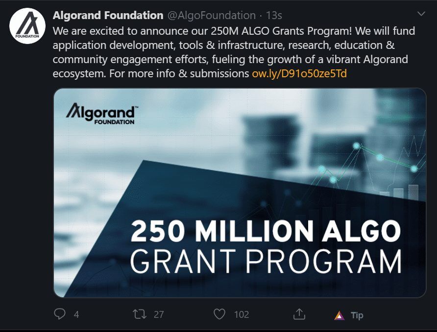 Screenshot 2 - Algorand Blockchain Desteği İçin 43 Milyon $ Hibe Edecek