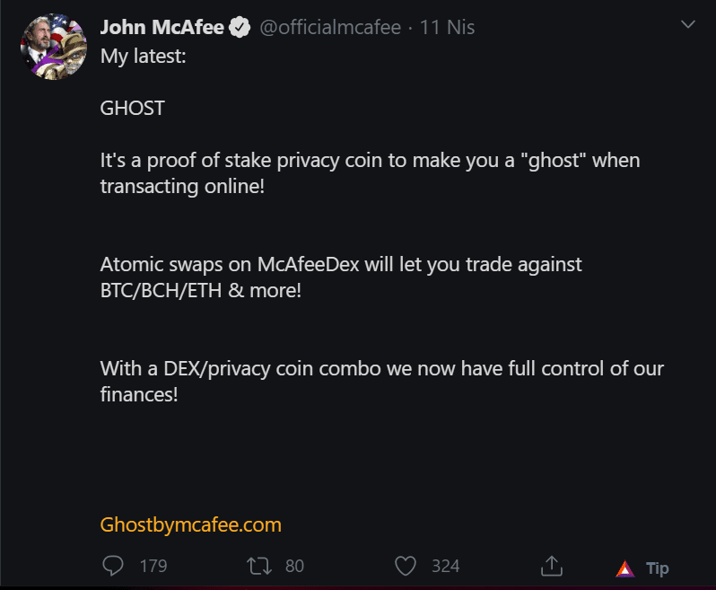 ghost tweet - Şaka Mı? McAfee Kendi Gizlilik Özellikli Coin'ini Tanıtıyor