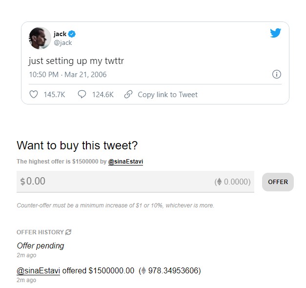 1.500.000 dolar estavi - Jack Dorsey İlk Tweet'ini NFT Olarak Satışa Çıkardı!