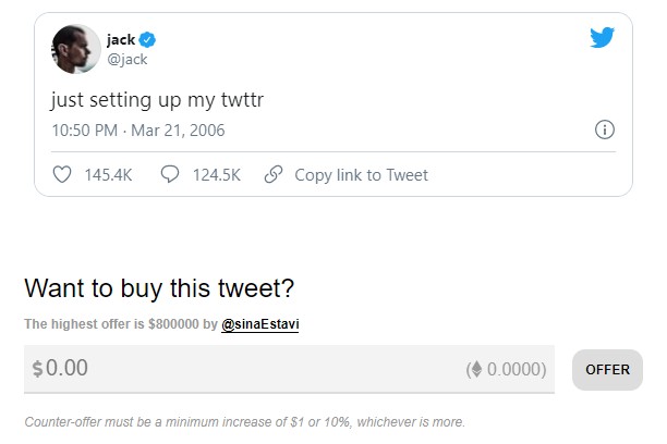 sina estavi 800 bin dolar - Jack Dorsey İlk Tweet'ini NFT Olarak Satışa Çıkardı!