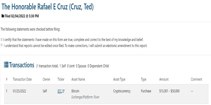 ted cruz - ABD Senatörü Ted Cruz Bitcoin'i Dipten Satın Aldığını Duyurdu
